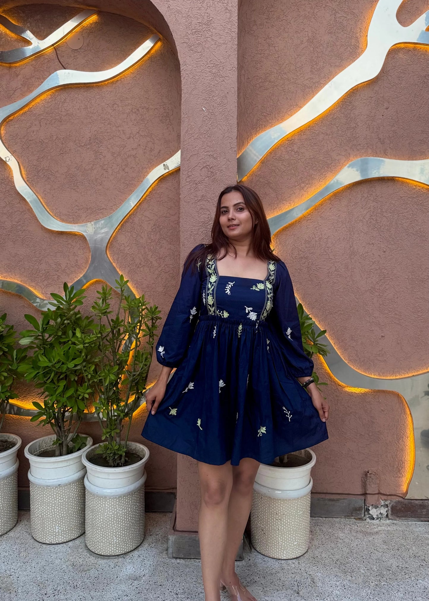 Navy embroidered floral smock dress with puff sleeves and square neckline, soft cotton, women’s elegant wear by An-Attire.