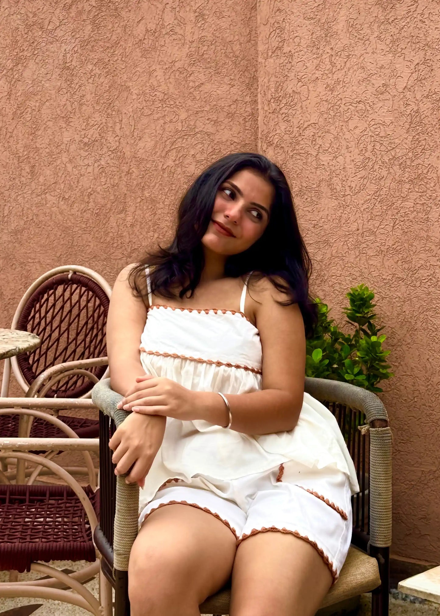 White co-ord set with pink lace trim, sleeveless cotton top, and matching shorts for women’s summer wear by An-Attire.