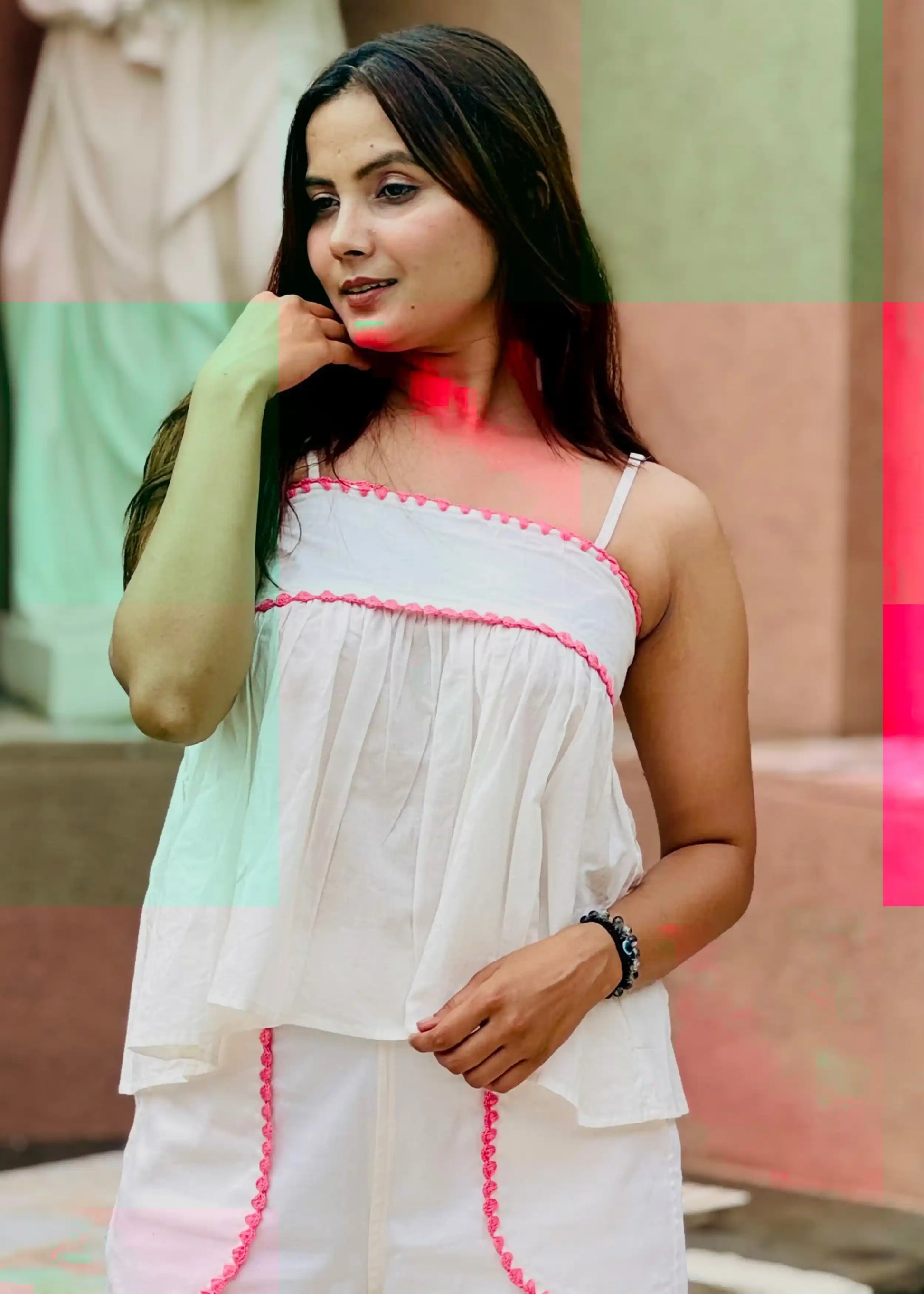 White co-ord set with pink lace trim, sleeveless cotton top, and matching shorts for women’s summer wear by An-Attire.