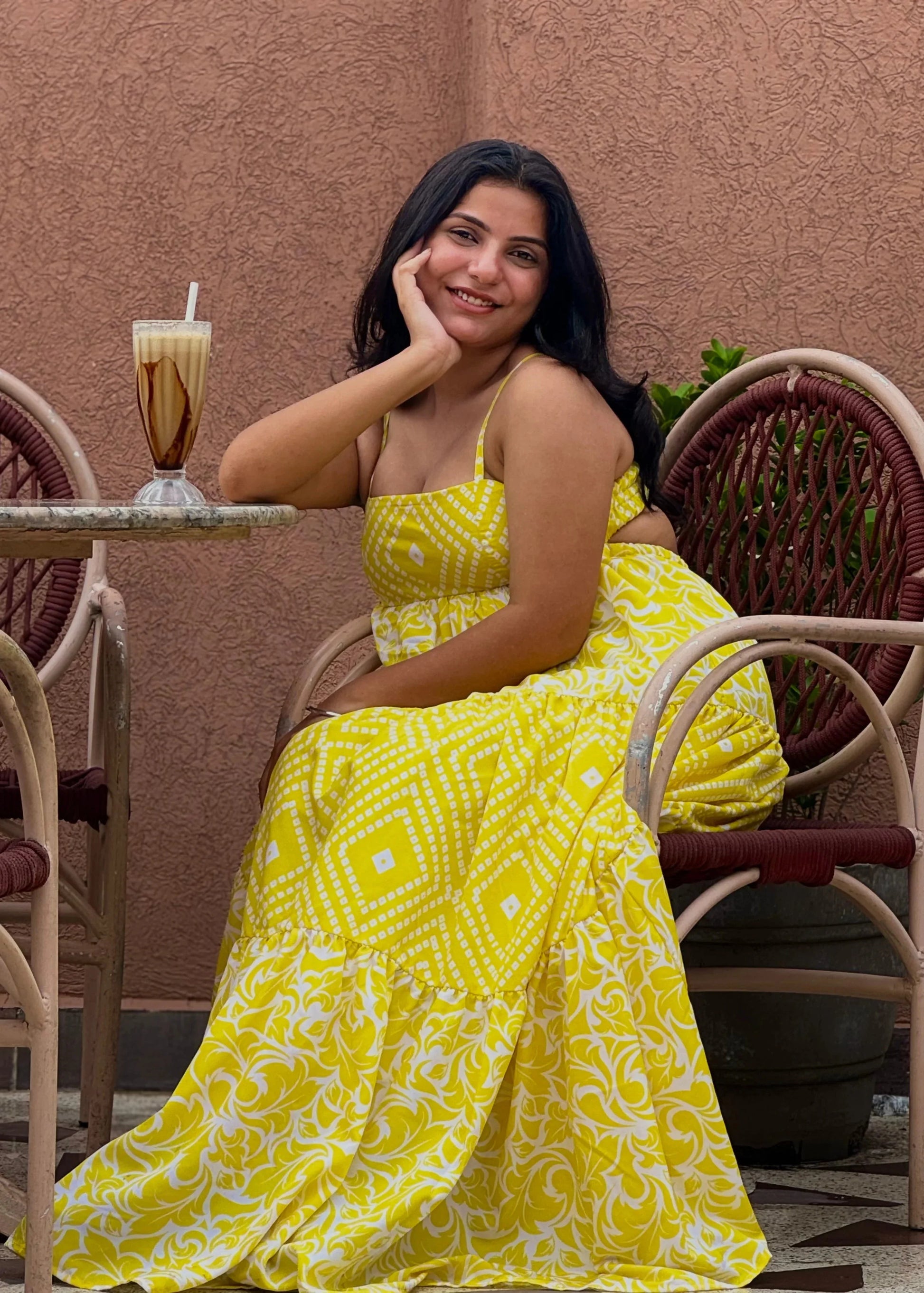 Sunshine Yellow Printed Maxi Dress with geometric and floral patterns, soft fabric, and a flowing summer silhouette by An-Attire.