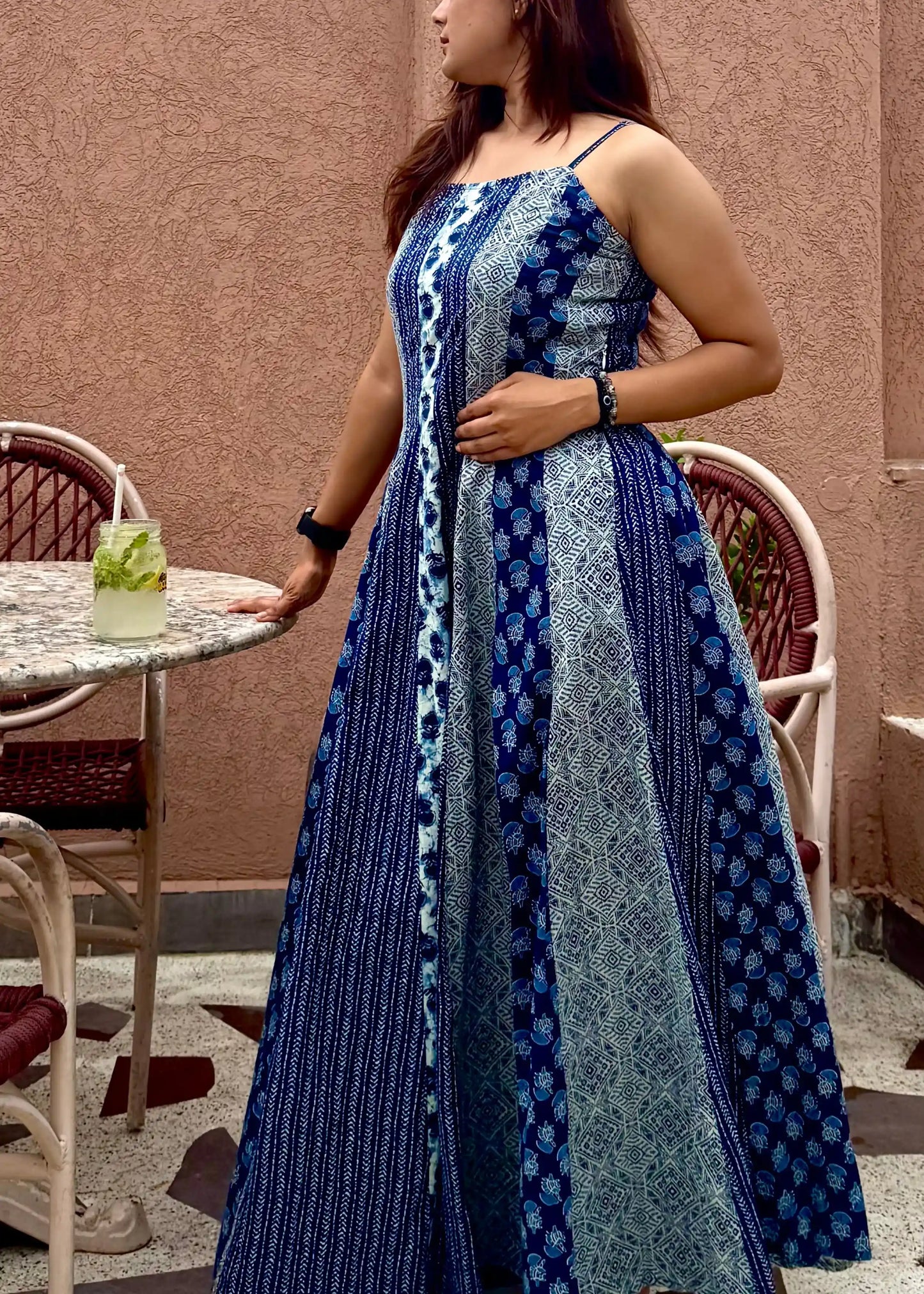 Blue patchwork print sleeveless boho maxi dress with flowy fit and soft fabric for women by An-Attire.