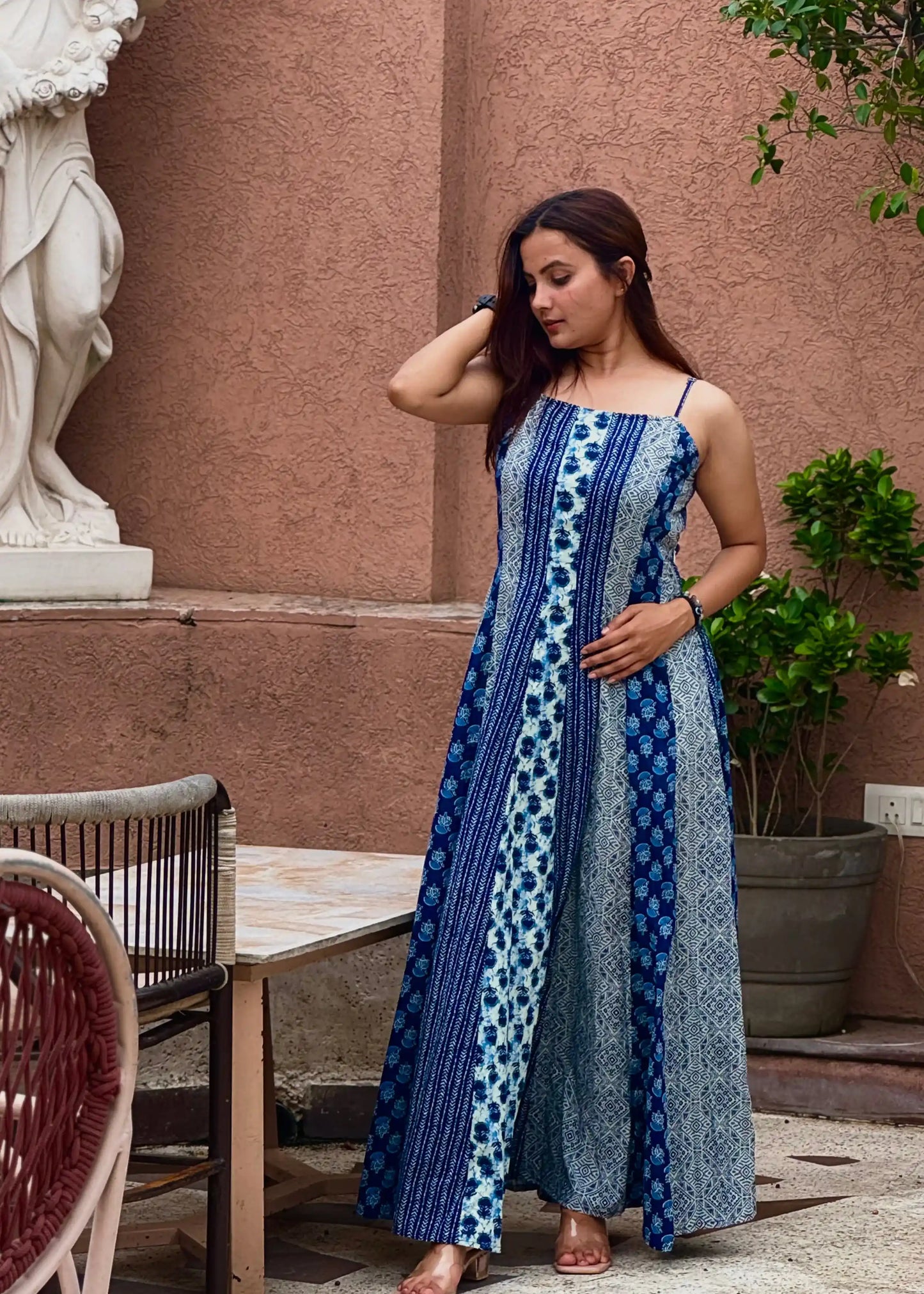 Blue patchwork print sleeveless boho maxi dress with flowy fit and soft fabric for women by An-Attire.