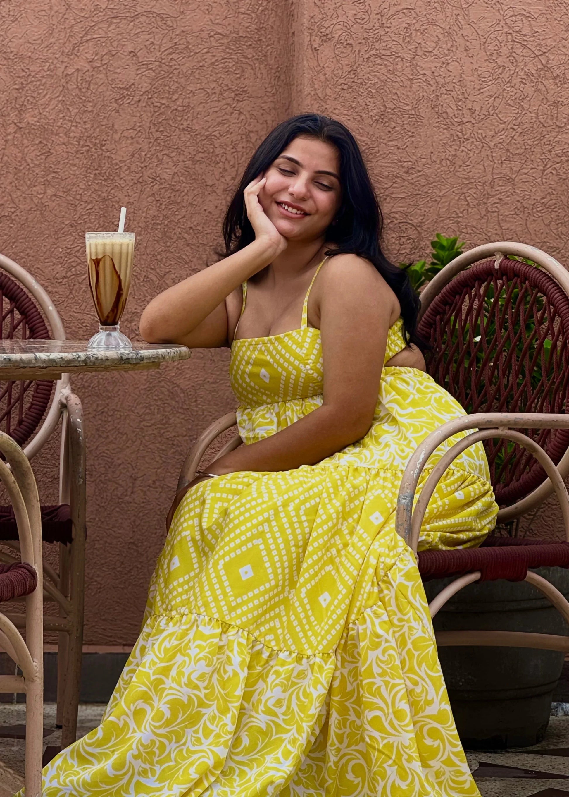 Sunshine Yellow Printed Maxi Dress with geometric and floral patterns, soft fabric, and a flowing summer silhouette by An-Attire.