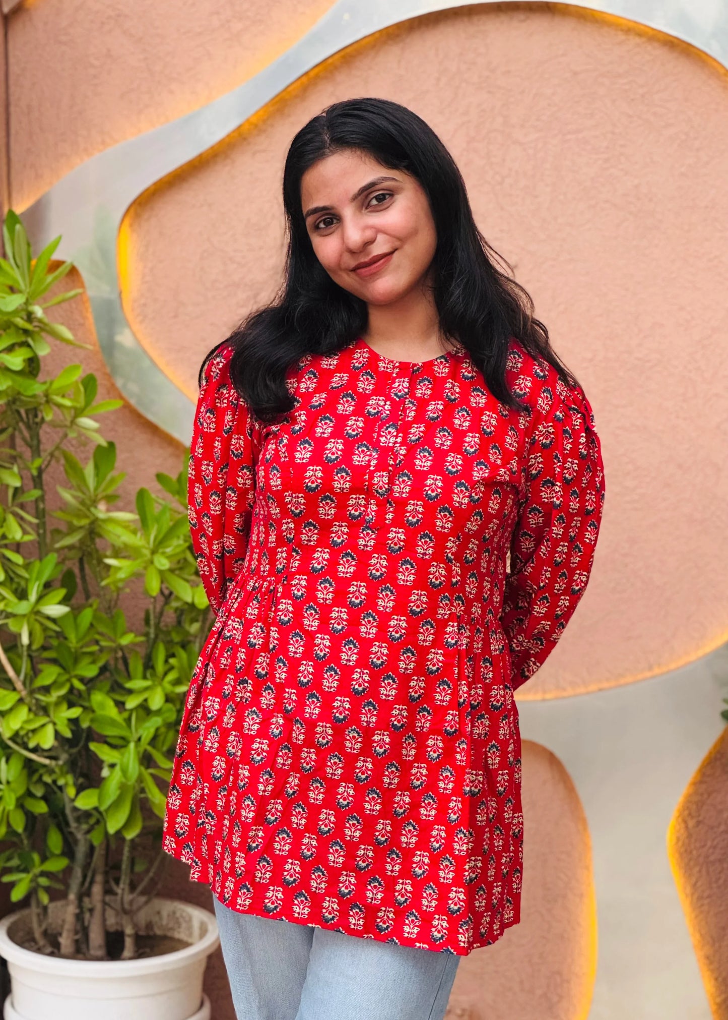 Red Heritage Floral Tunic with soft fabric, elegant fit-and-flare design, and traditional printed motifs for everyday wear by An-Attire.