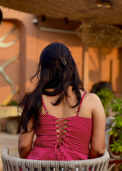 Rose pink sleeveless polka dot top with soft fabric, relaxed fit, and round neckline for women’s summer wear by An-Attire.