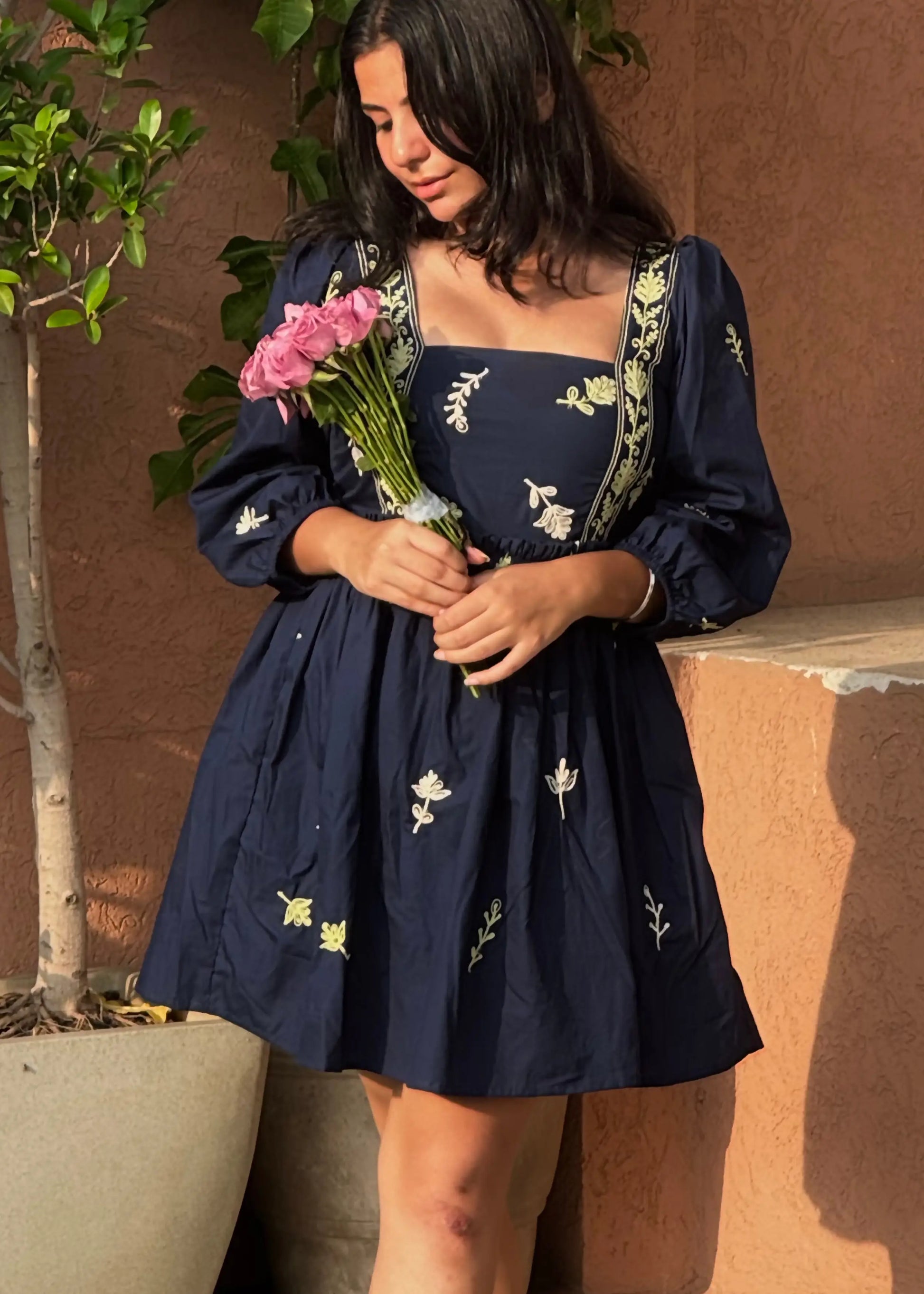 Navy embroidered floral smock dress with puff sleeves and square neckline, soft cotton, women’s elegant wear by An-Attire.