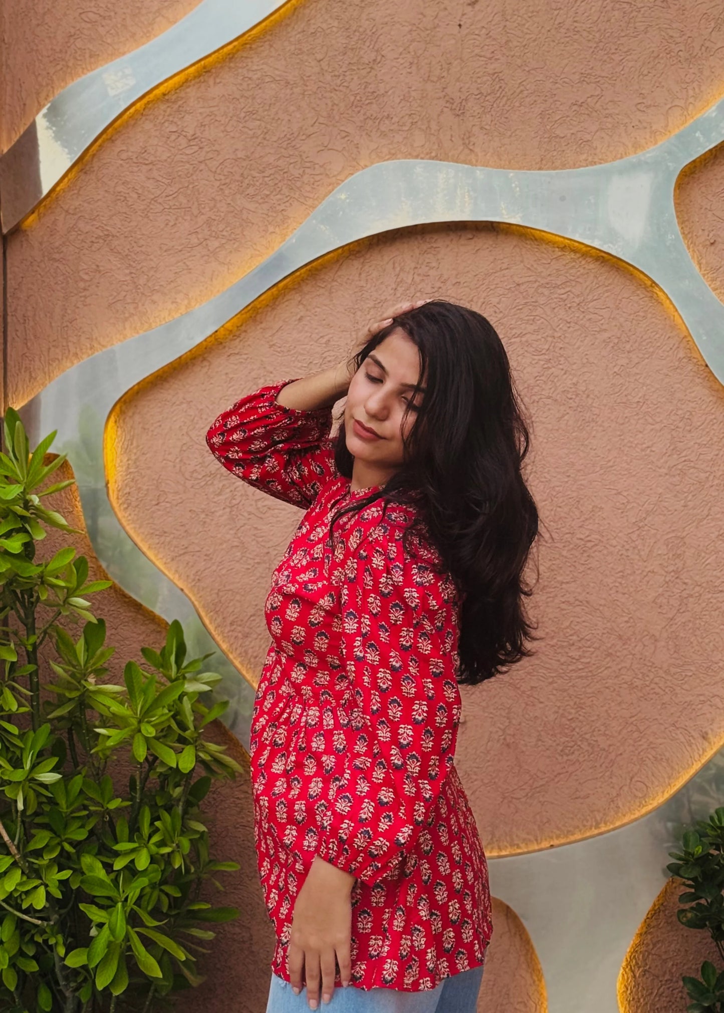 Red Heritage Floral Tunic with soft fabric, elegant fit-and-flare design, and traditional printed motifs for everyday wear by An-Attire.