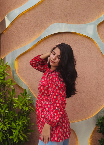 Red Heritage Floral Tunic with soft fabric, elegant fit-and-flare design, and traditional printed motifs for everyday wear by An-Attire.
