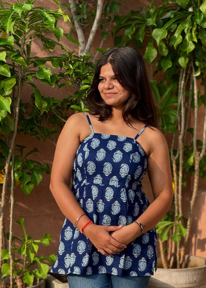 Navy blue strappy top with white paisley print, sleeveless A-line fit, breathable fabric for women by An-Attire.