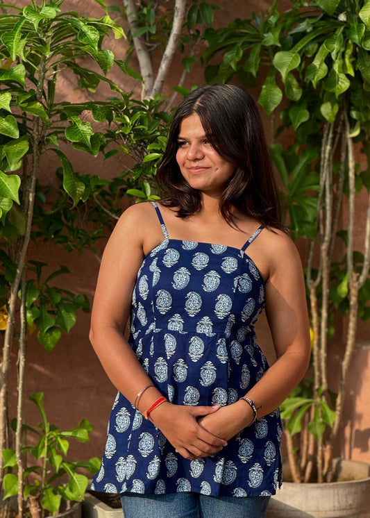 Navy blue strappy top with white paisley print, sleeveless A-line fit, breathable fabric for women by An-Attire.