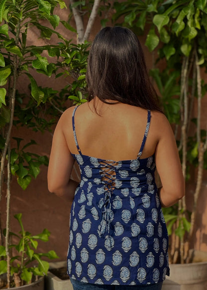 Navy blue strappy top with white paisley print, sleeveless A-line fit, breathable fabric for women by An-Attire.