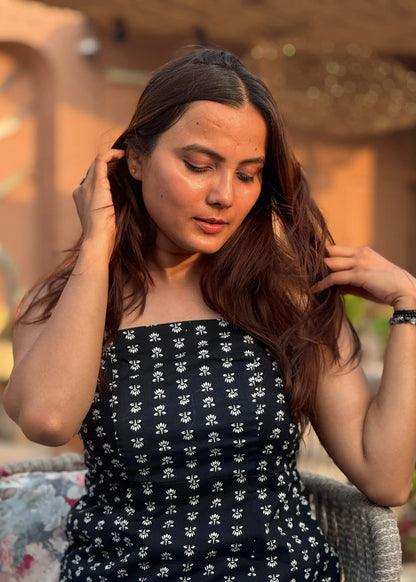 Black strapless top with white floral print, soft breathable fabric, chic fitted silhouette for women by An-Attire.