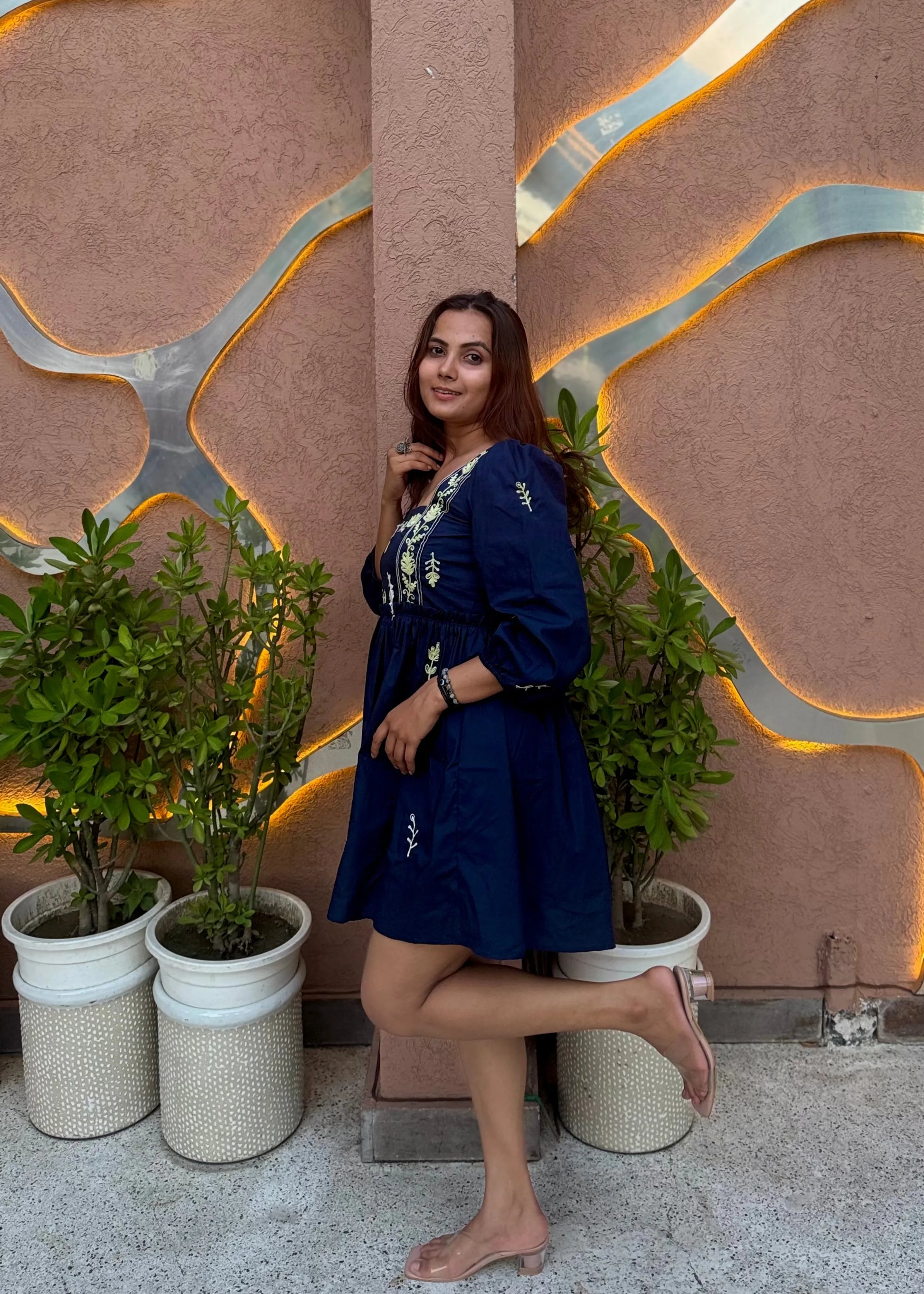 Navy embroidered floral smock dress with puff sleeves and square neckline, soft cotton, women’s elegant wear by An-Attire.