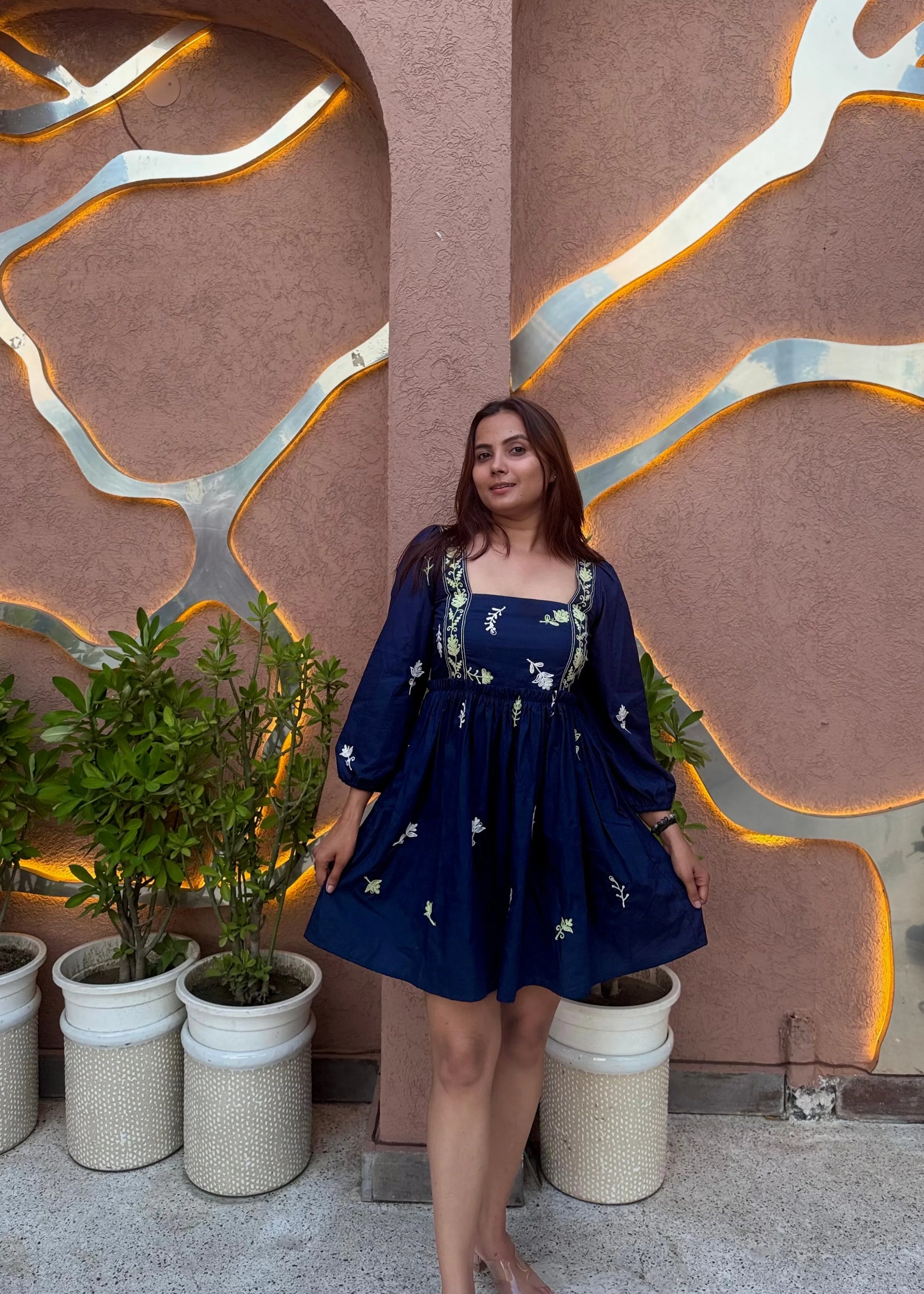 Navy embroidered floral smock dress with puff sleeves and square neckline, soft cotton, women’s elegant wear by An-Attire.