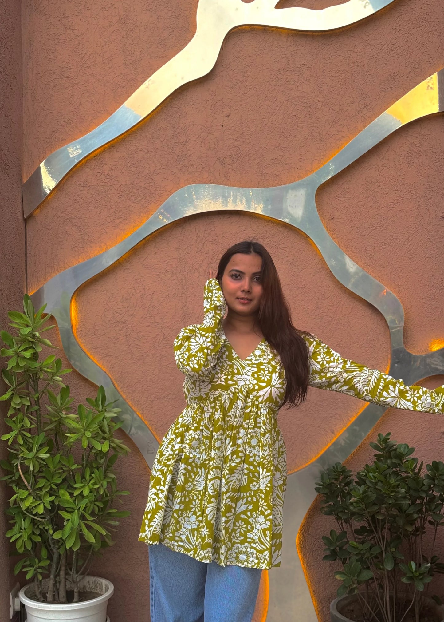 Yellow floral printed A-line dress with v-neck, full sleeves, soft cotton fabric, and elegant relaxed fit for women by An-Attire.