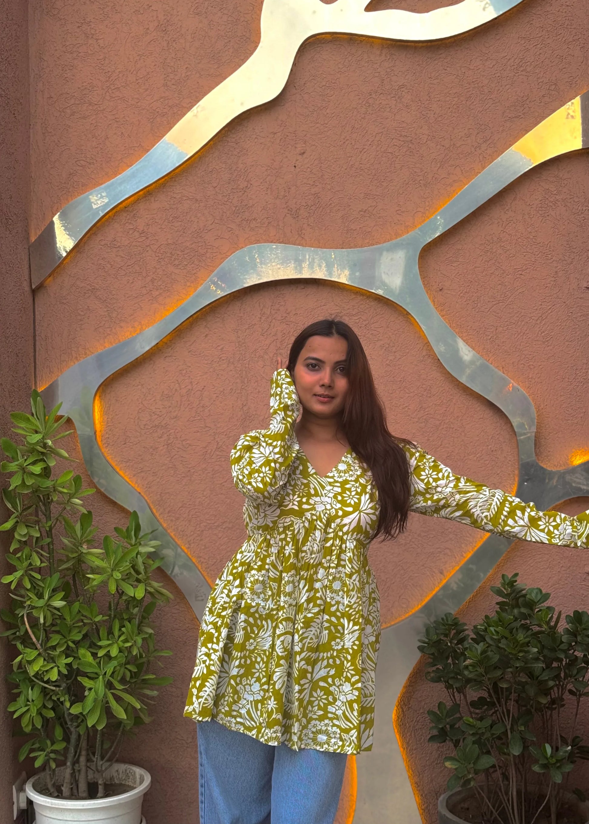 Yellow floral printed A-line dress with v-neck, full sleeves, soft cotton fabric, and elegant relaxed fit for women by An-Attire.