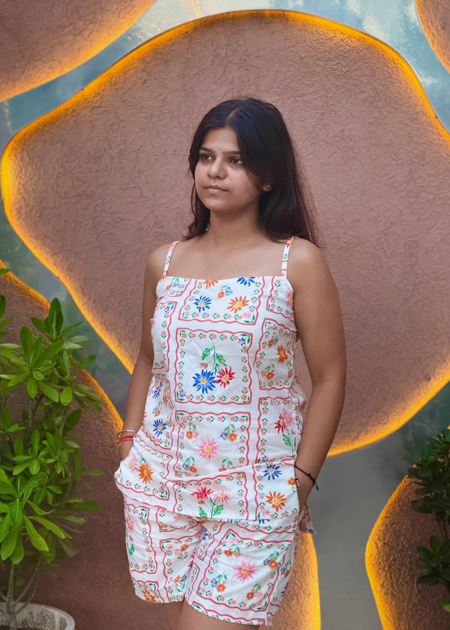 White patchwork floral sleeveless co-ord set with relaxed fit, soft cotton, and pockets for women by An-Attire.