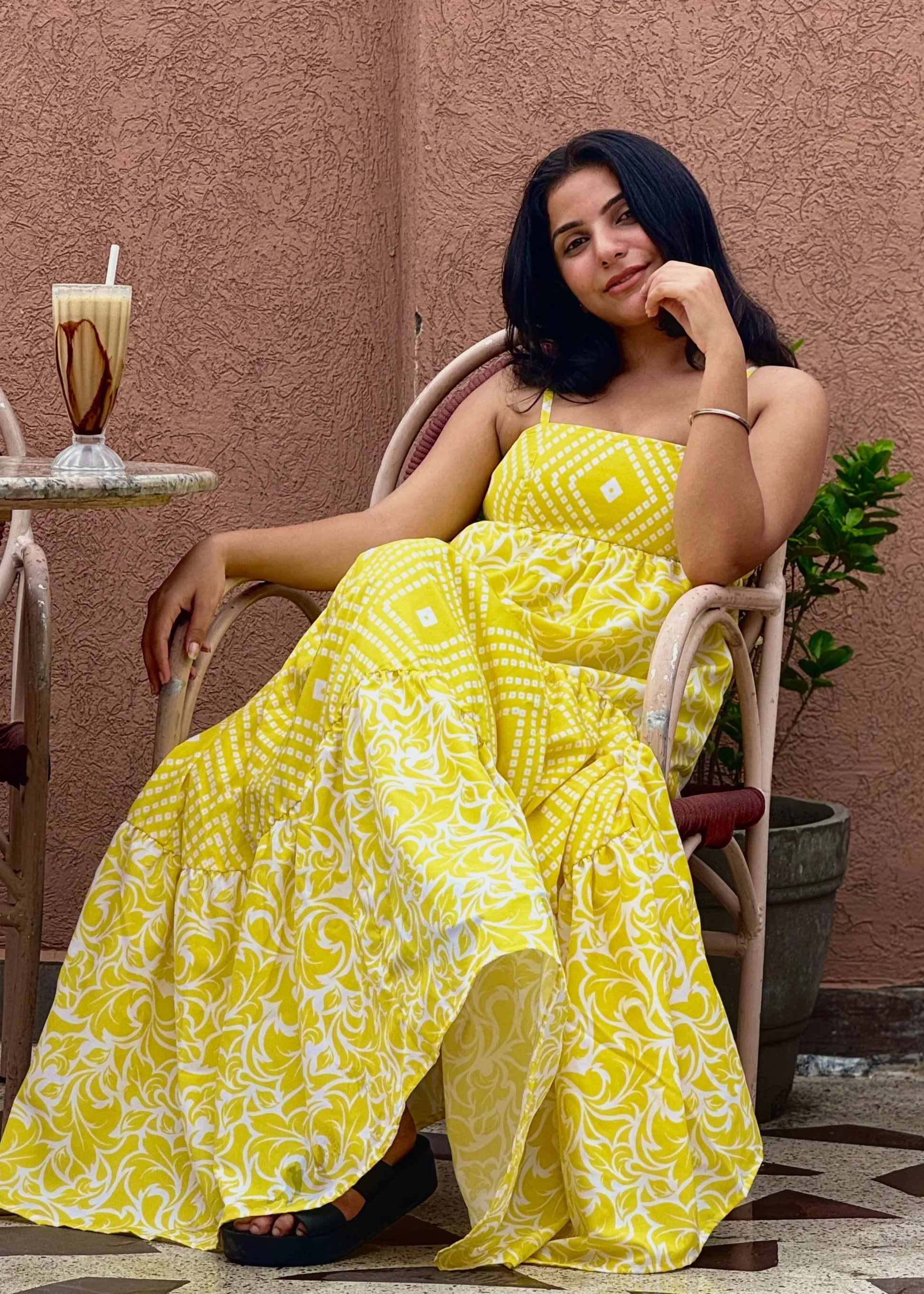 Sunshine Yellow Printed Maxi Dress with geometric and floral patterns, soft fabric, and a flowing summer silhouette by An-Attire.