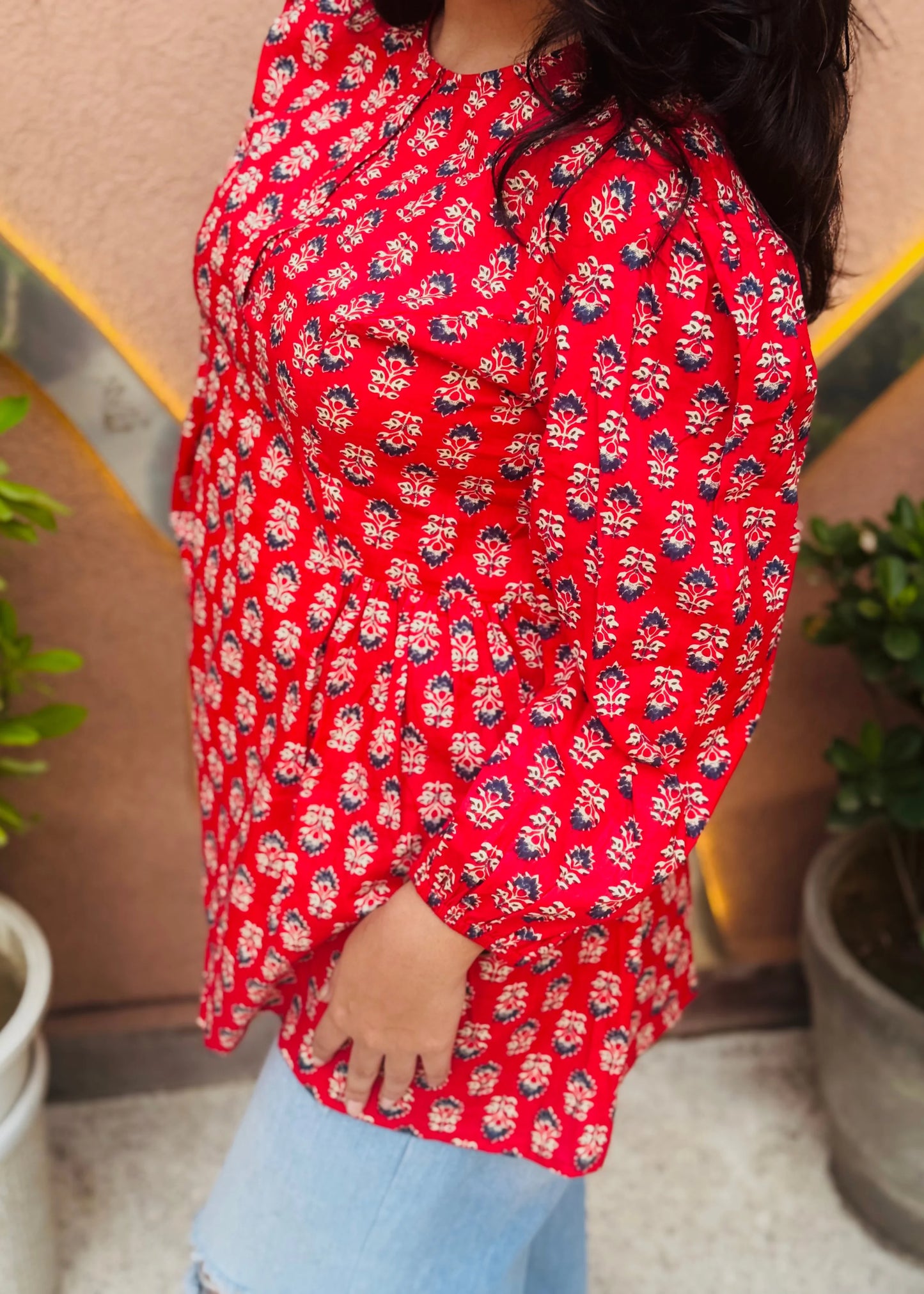 Red Heritage Floral Tunic with soft fabric, elegant fit-and-flare design, and traditional printed motifs for everyday wear by An-Attire.