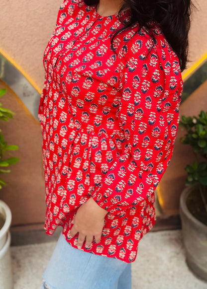 Red Heritage Floral Tunic with soft fabric, elegant fit-and-flare design, and traditional printed motifs for everyday wear by An-Attire.