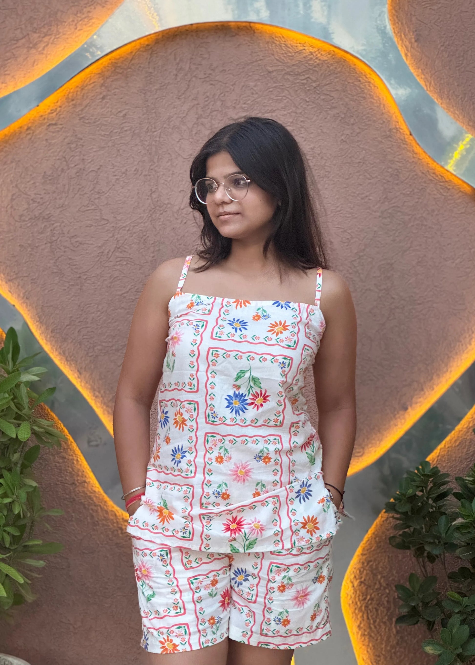 White patchwork floral sleeveless co-ord set with relaxed fit, soft cotton, and pockets for women by An-Attire.