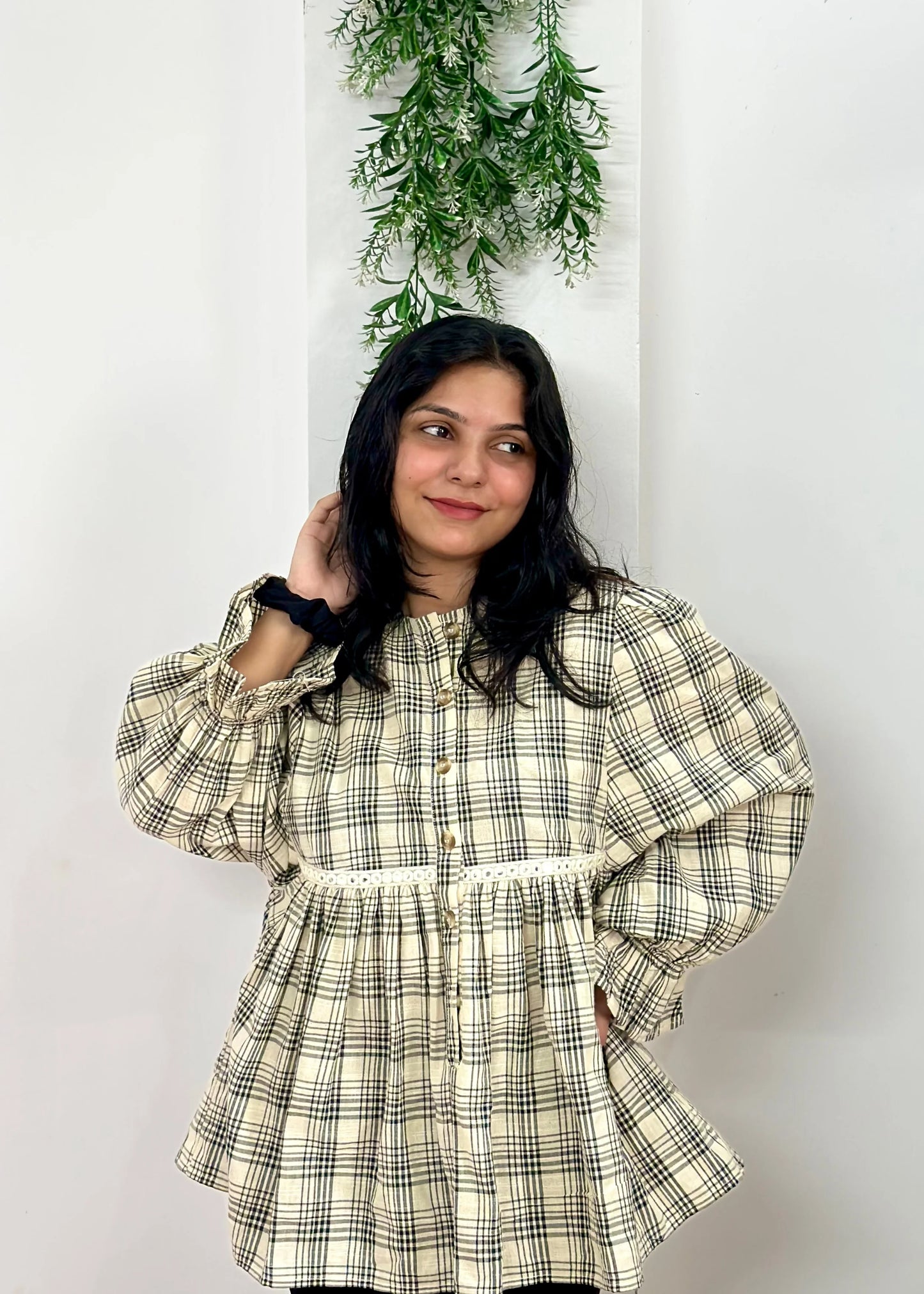 Plaid Elegance Button-Down Tunic—soft, breathable fabric, relaxed fit, elegant everyday women’s wear by An-Attire